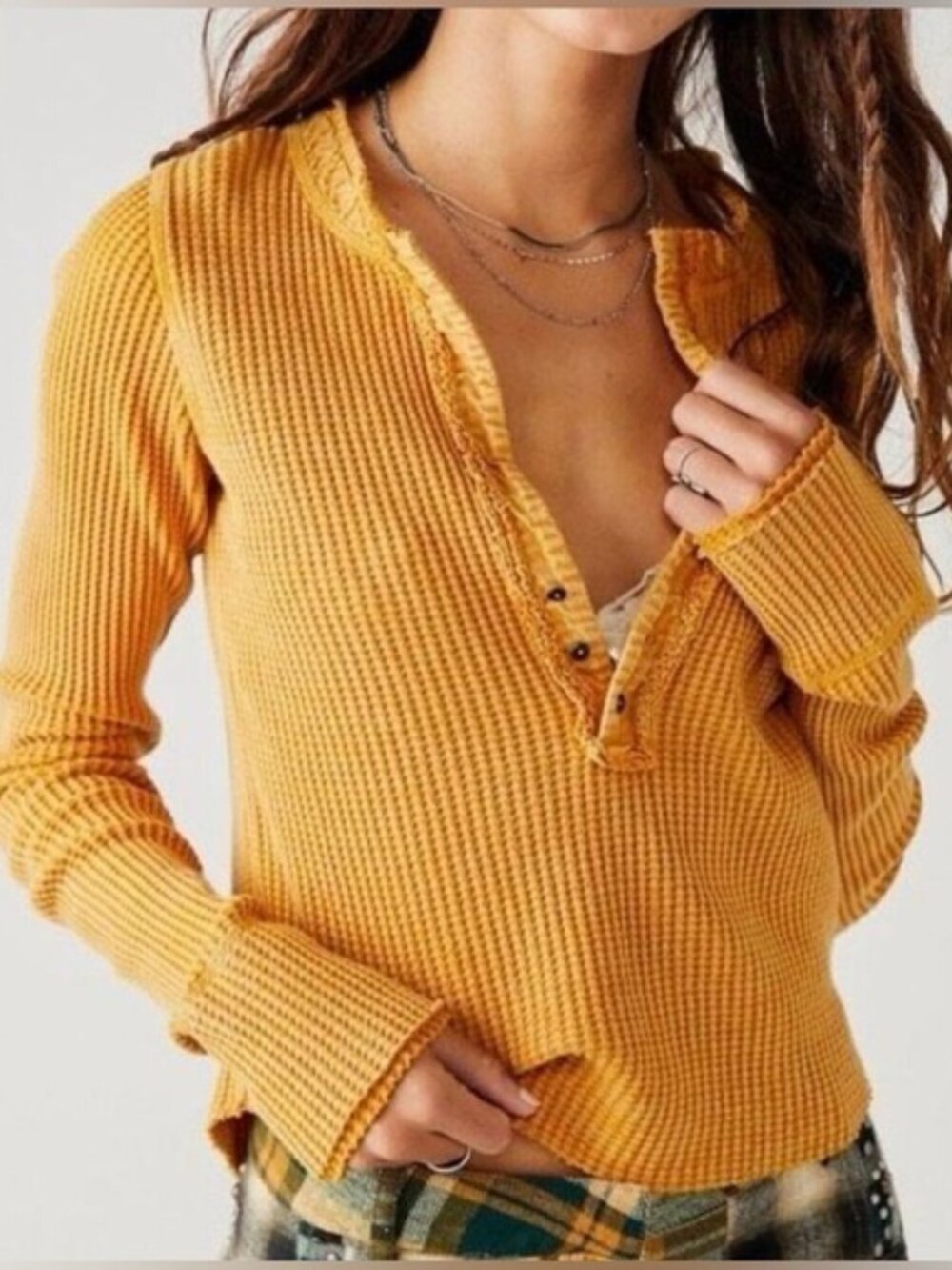 NWT Free People One Colt Henley Thermal Top in Mustard Small